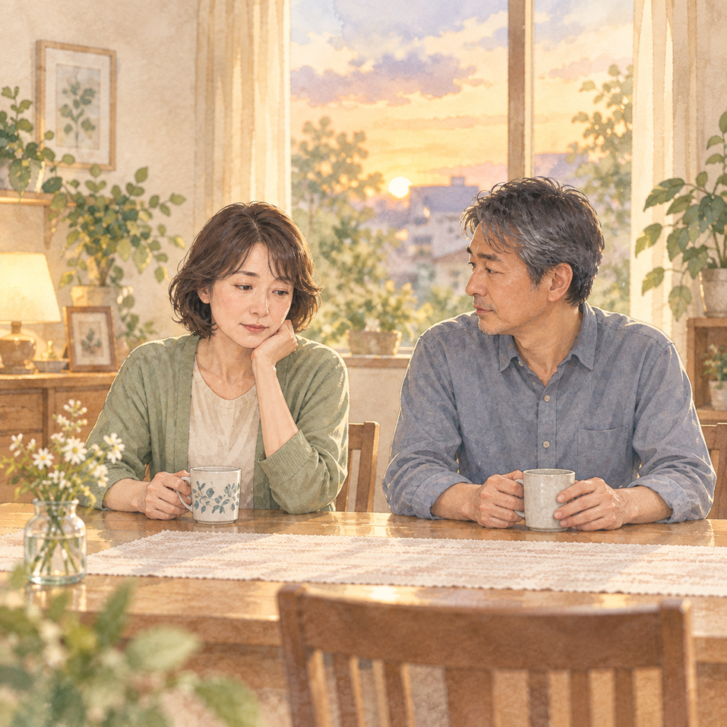 夕暮れの食卓で、カップを手に静かに過ごす中年の夫婦