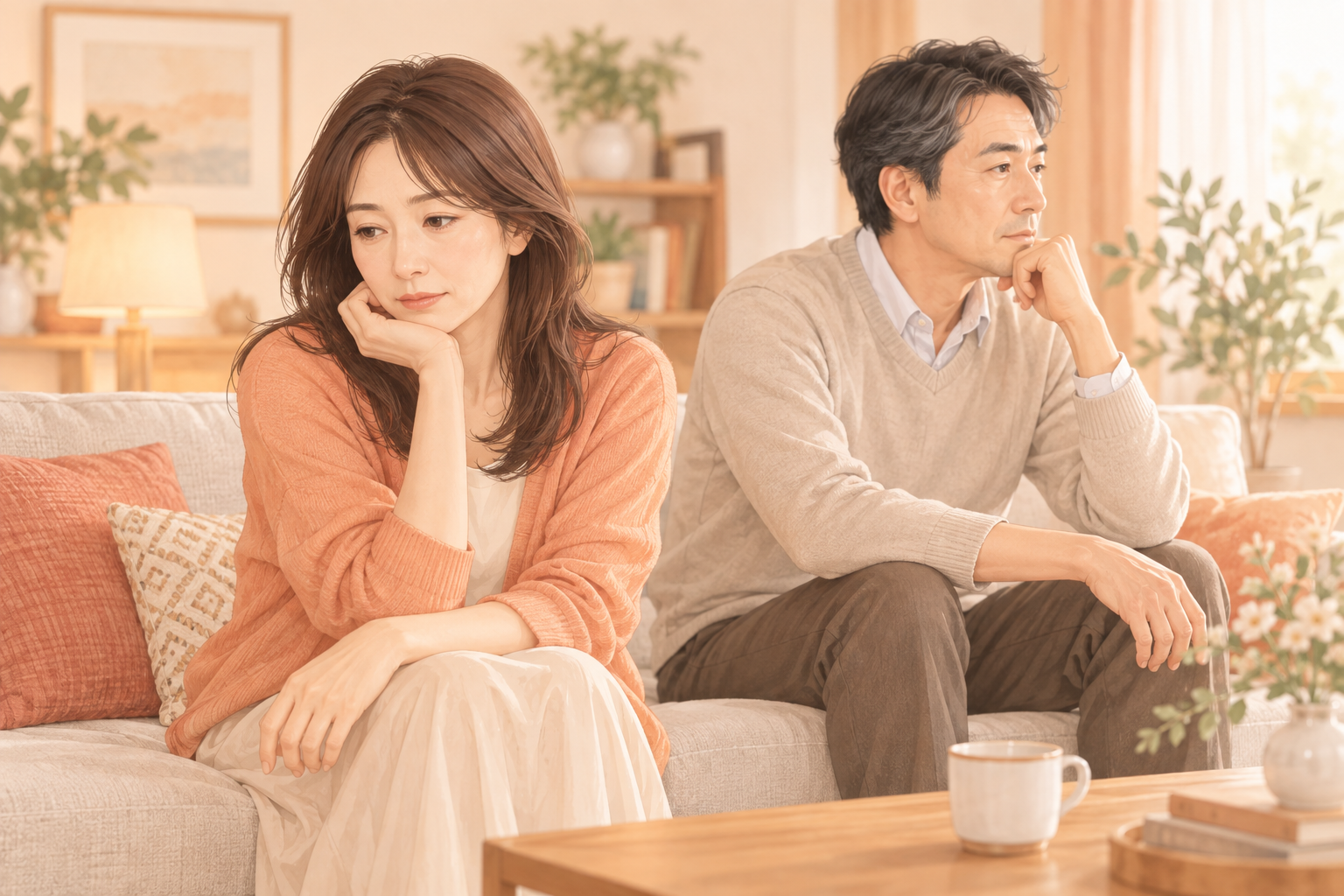 同じ部屋にいながら心の距離を感じている夫婦