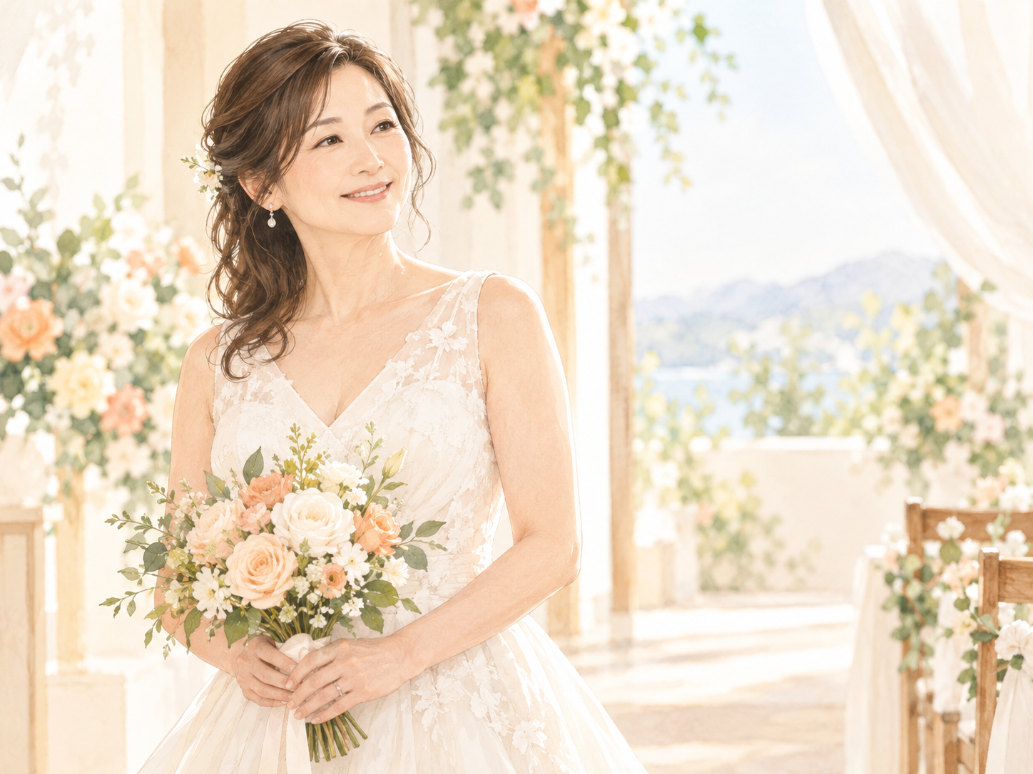 穏やかな笑顔でブーケを持つ大人の花嫁