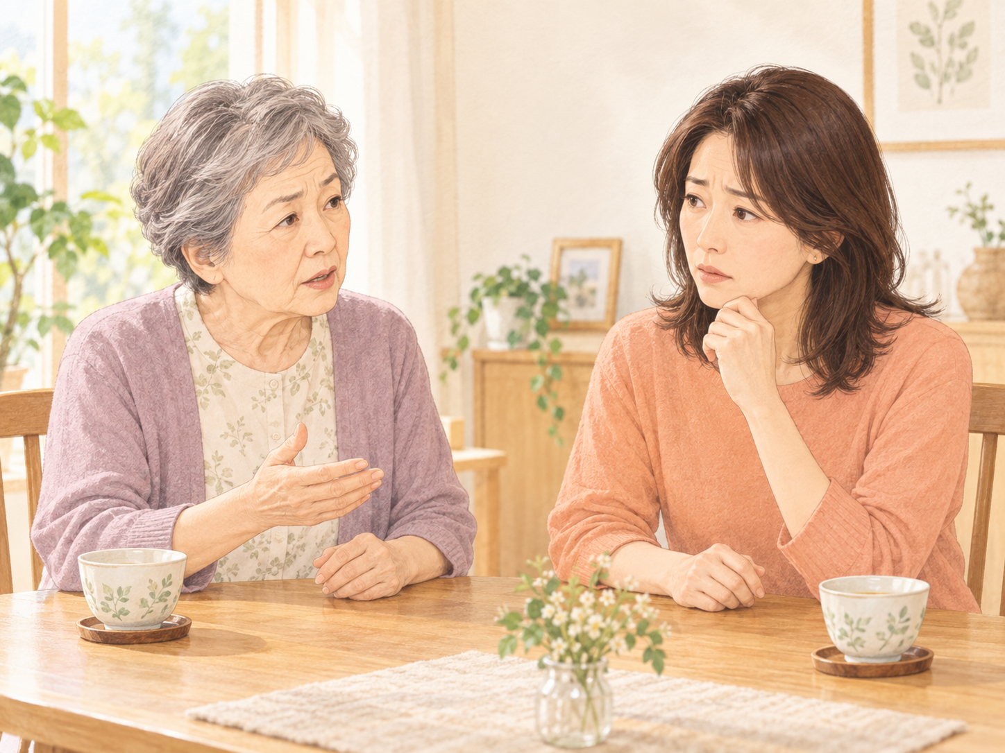 厳しい表情で話す母親と、言葉を飲み込み困った表情を見せる成人した娘