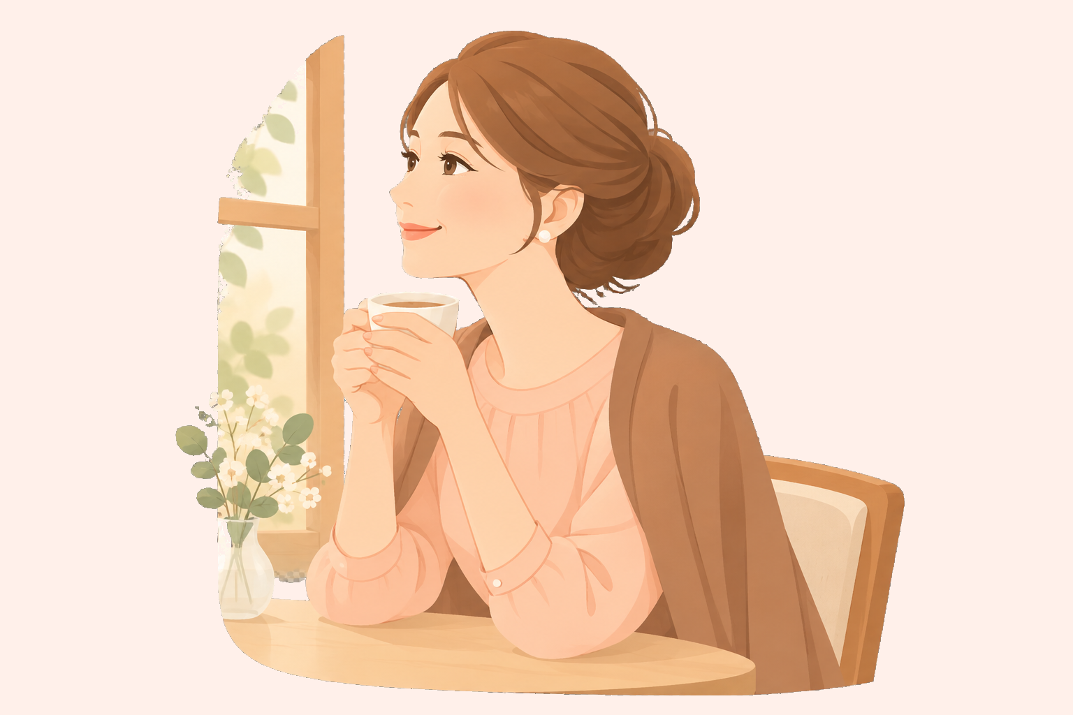 窓辺でカップを持ち静かに自分の気持ちを見つめる女性