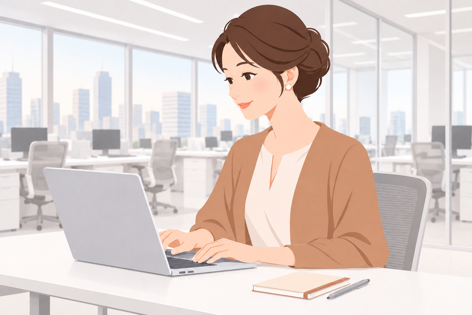 白を基調としたオフィスのデスクでパソコンに向かう女性